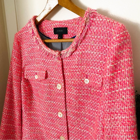 J Crew Peplum Lady Tweed Boucle Jacket Blazer Barbie Pink Fringe Size 14 G1959 - Picture 5 of 16